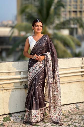Black katki silk graceful partywear saree with designer kalankari floral printed