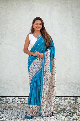 Turquoise katki silk graceful partywear saree with designer kalankari floral printed