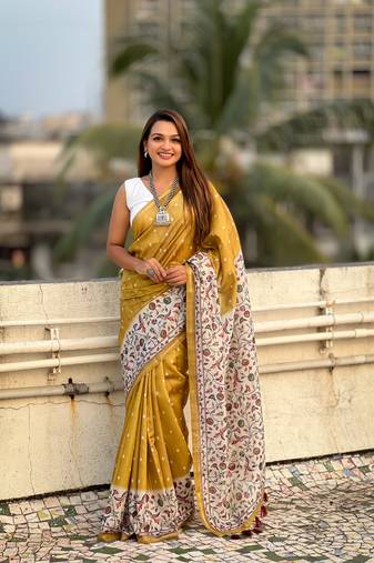 Mustard katki silk graceful partywear saree with designer kalankari floral printed