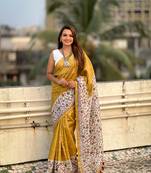 Mustard katki silk graceful partywear saree with kalankari floral printed