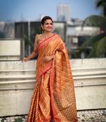 Orange jari tissuefestive ethnic saree with wevon laheriya designer looks