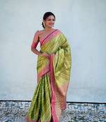 Green jari tissuefestive ethnic saree with wevon laheriya designer looks
