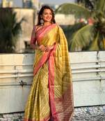 Yellow jari tissuefestive ethnic saree with wevon laheriya designer looks