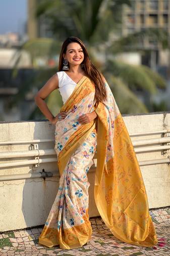 Mustard tussar silk blend ethnic wevon jari designer with kalamkari printed saree