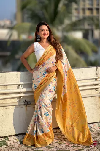 Mustard tussar silk blend ethnic wevon jari designer with kalamkari printed saree