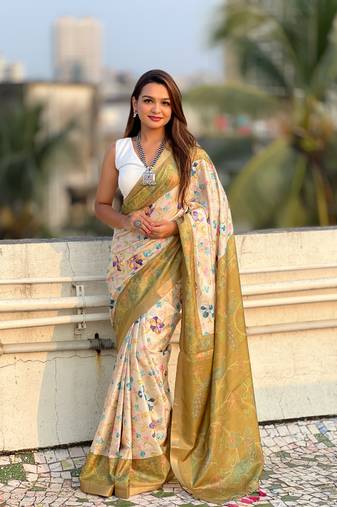 Green tussar silk blend ethnic wevon jari designer with kalamkari printed saree