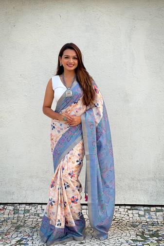 Blue tussar silk blend ethnic wevon jari designer with kalamkari printed saree