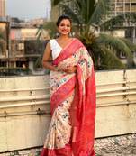 Red tussar silk blend ethnic wevon jari with kalamkari printed saree