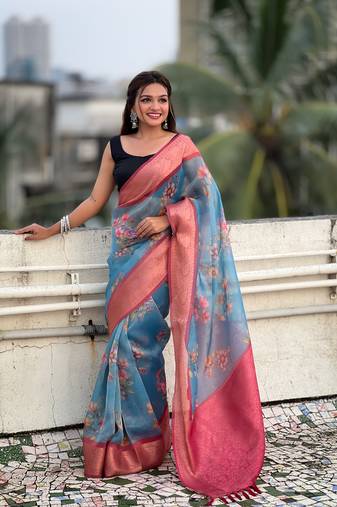 Blue crush tissue c glamorous wevon designer saree with floral printed body