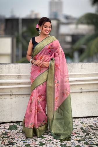 Red crush tissue c glamorous wevon designer saree with floral printed body