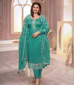 Teal green silk georgette ethnic partywear designer printed with embroidery work salwar kameez