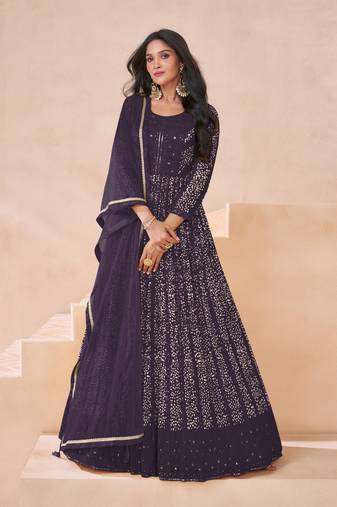 Wine bollywood style heavy anarkali dress for wedding reception wear