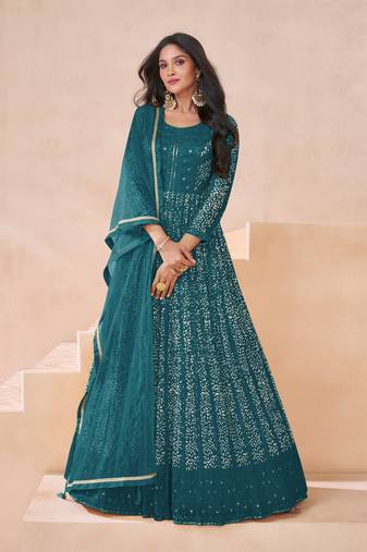 Teal bollywood style heavy anarkali dress for wedding reception wear
