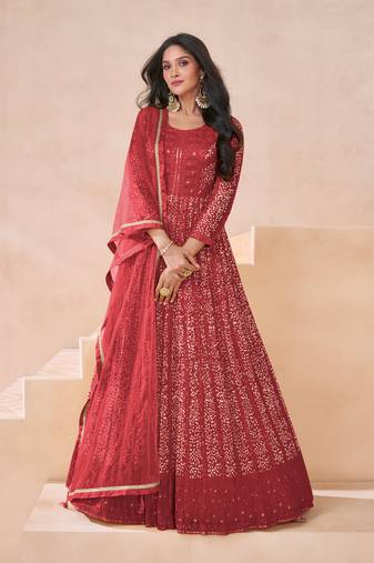 Red bollywood style heavy anarkali dress for wedding reception wear