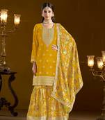 Yellow beautiful designer printed palazzo dress with embroidery work for pretty graceful wedding looks