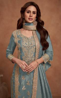 Heavy work beautifully embroidered vichitra silk grey ethnic palazzo dress 2
