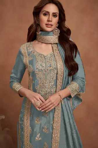 Heavy work beautifully embroidered vichitra silk grey ethnic palazzo dress