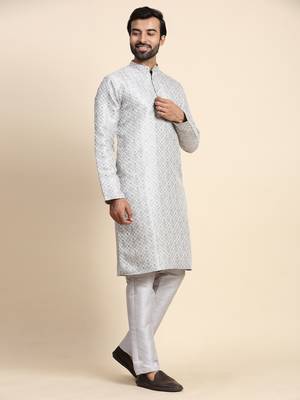 Grey designer wevon jacquard indian wear viscose jacquard kurta payjama 5