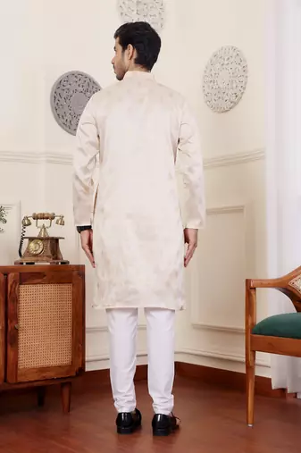 Cream viscosee fabric wevon jacquard work ethnic men's kurta payjama set