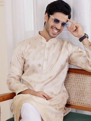 Cream viscosee fabric wevon jacquard work ethnic men's kurta payjama set 3