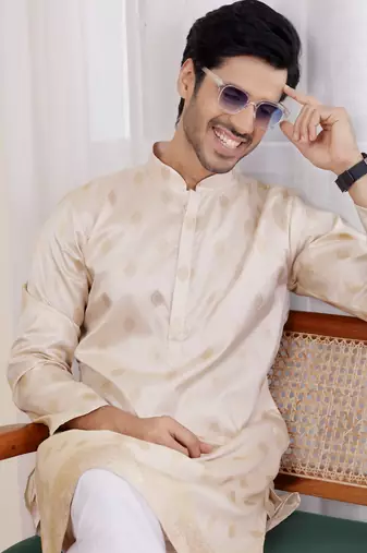 Cream viscosee fabric wevon jacquard work ethnic men's kurta payjama set