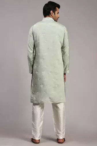 Light green embroidery work indian wear silk kurta payjama