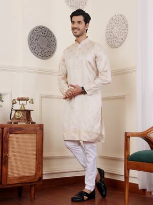 Cream viscosee fabric wevon jacquard work ethnic men's kurta payjama set 4