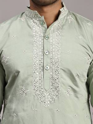 Light green embroidery work indian wear silk kurta payjama 3