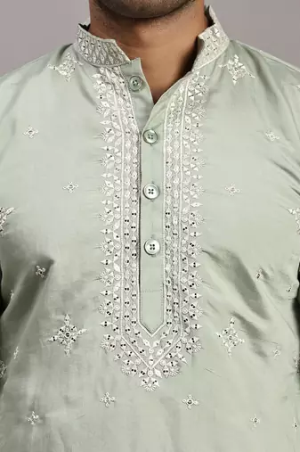Light green embroidery work indian wear silk kurta payjama