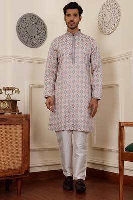Cream viscosee fabric partywear wevon jacquard work graceful kurta payjama for men 1