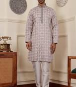 Cream viscose fabric partywear wevon jacquard work graceful kurta payjama for men