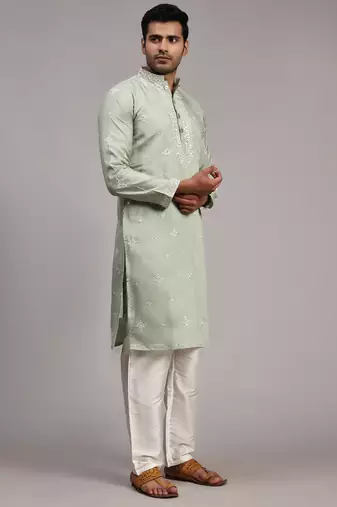 Light green embroidery work indian wear silk kurta payjama