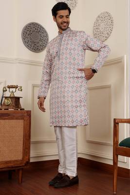 Cream viscosee fabric partywear wevon jacquard work graceful kurta payjama for men 3