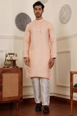 Peach viscosee fabric partywear wevon jacquard work graceful kurta payjama for men 1