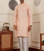 Peach viscose fabric partywear wevon jacquard work graceful kurta payjama for men