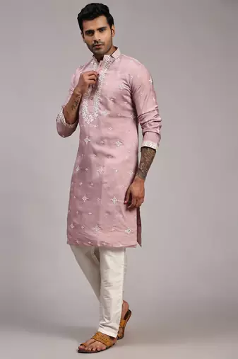 Pink embroidery work indian wear silk kurta payjama
