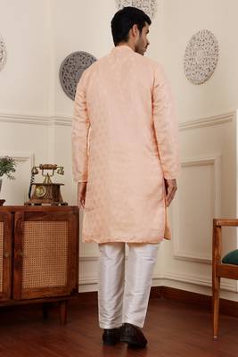 Peach viscosee fabric partywear wevon jacquard work graceful kurta payjama for men 2
