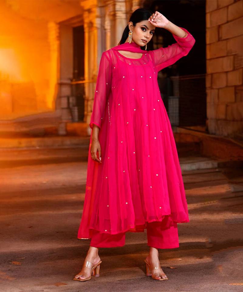 Fuchsia georgette suit set