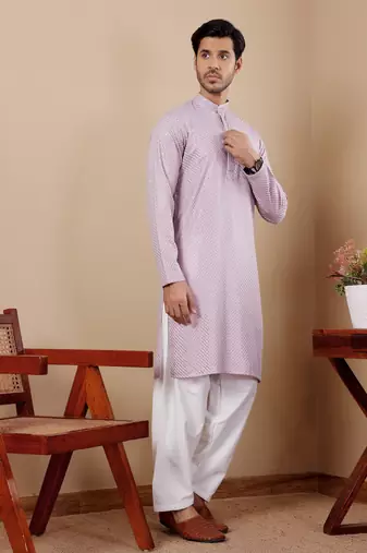 Beautiful chikankari embroidery work lavender viscosee fabric partywear kurta payjama
