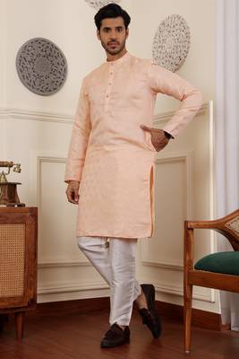Peach viscosee fabric partywear wevon jacquard work graceful kurta payjama for men 3