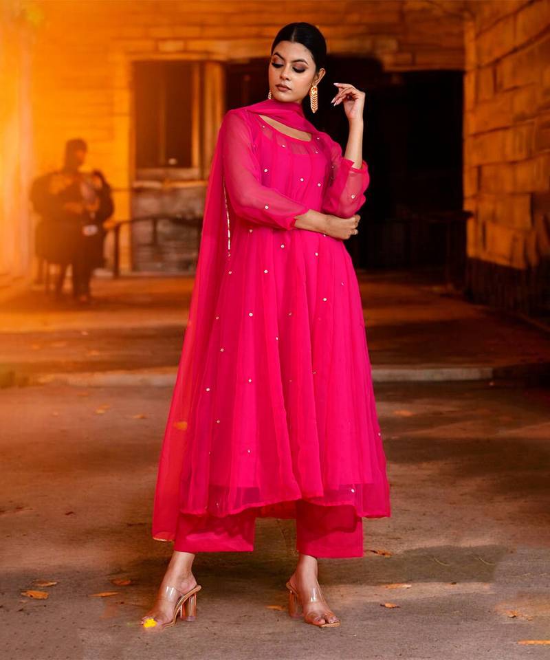 Fuchsia georgette suit set