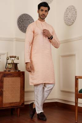 Peach viscosee fabric partywear wevon jacquard work graceful kurta payjama for men 4