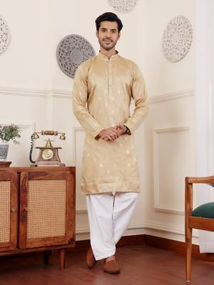 Beige viscosee fabric wevon jacquard work ethnic men's kurta payjama set 1