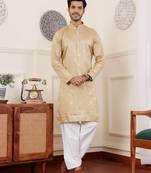 Beige viscose fabric wevon jacquard work ethnic men's kurta payjama set