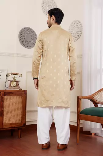 Beige viscosee fabric wevon jacquard work ethnic men's kurta payjama set