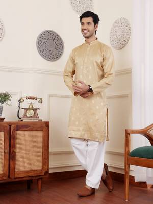 Beige viscosee fabric wevon jacquard work ethnic men's kurta payjama set 3