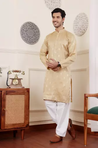 Beige viscosee fabric wevon jacquard work ethnic men's kurta payjama set