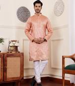 Orange viscose fabric wevon jacquard work ethnic men's kurta payjama set
