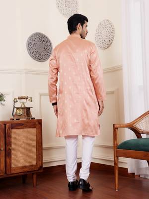 Orange viscosee fabric wevon jacquard work ethnic men's kurta payjama set 2
