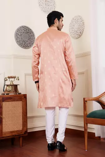 Orange viscosee fabric wevon jacquard work ethnic men's kurta payjama set